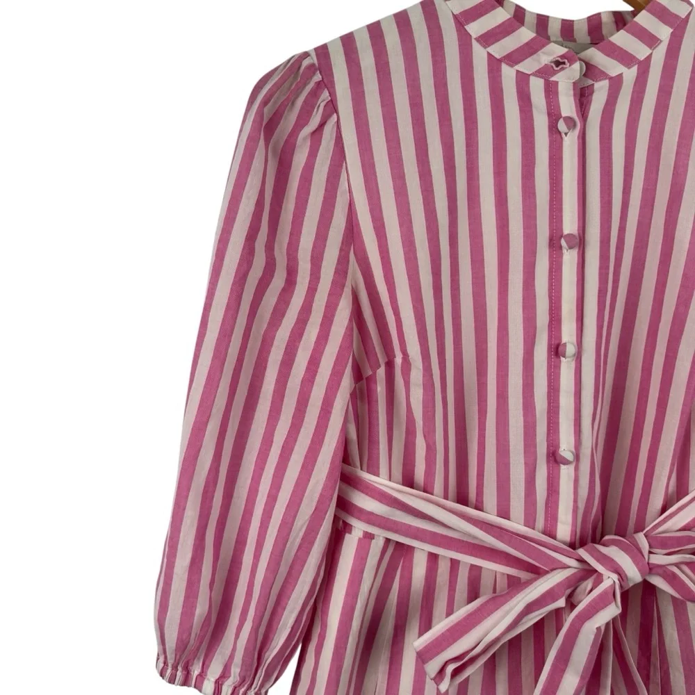 BODEN Puff Sleeve Cotton Pink White Striped Dress Button Down Ruffle Hem SZ 2 - Picture 4 of 16